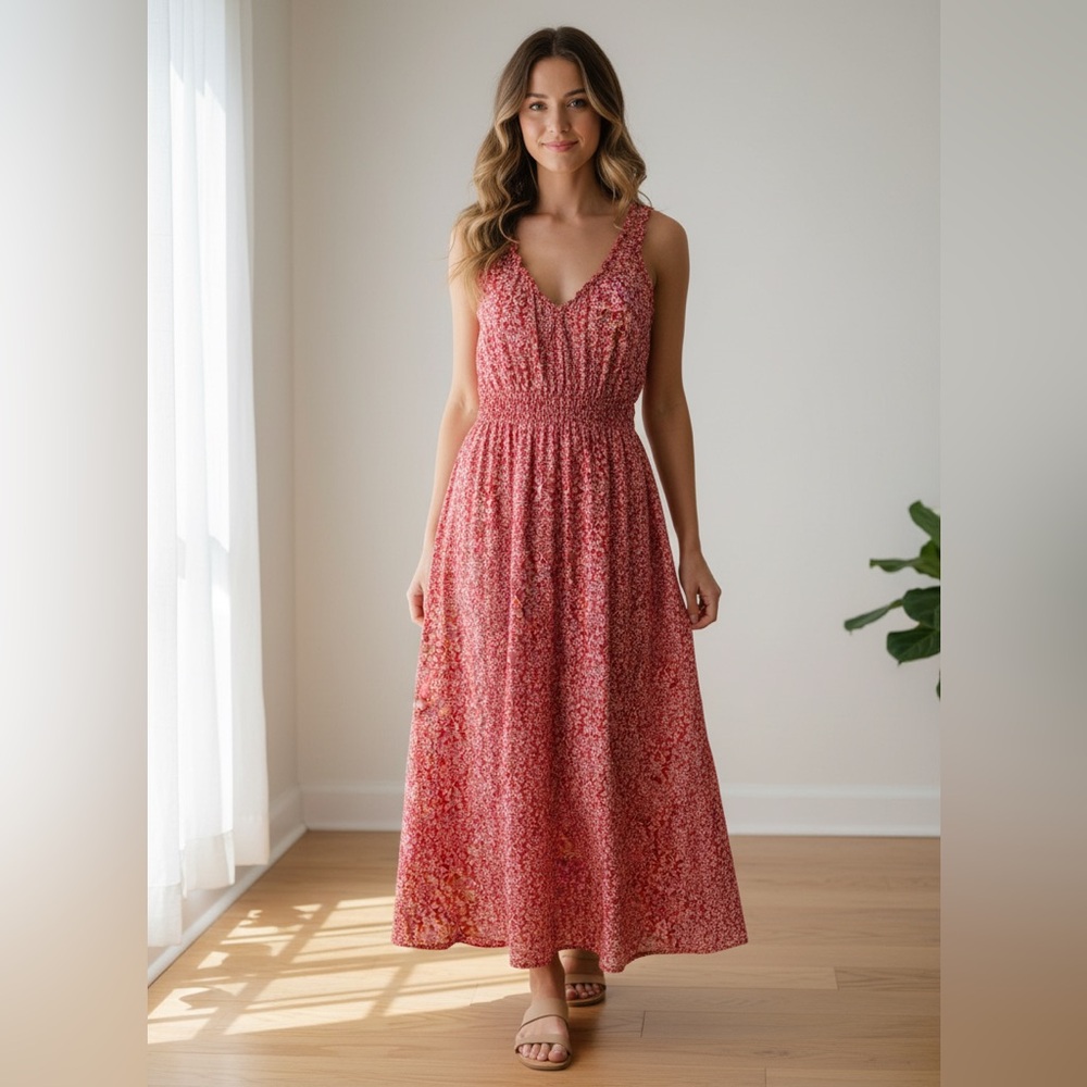 Universal Thread cotton red cream floral print dress MEDIUM sleeveless V neck